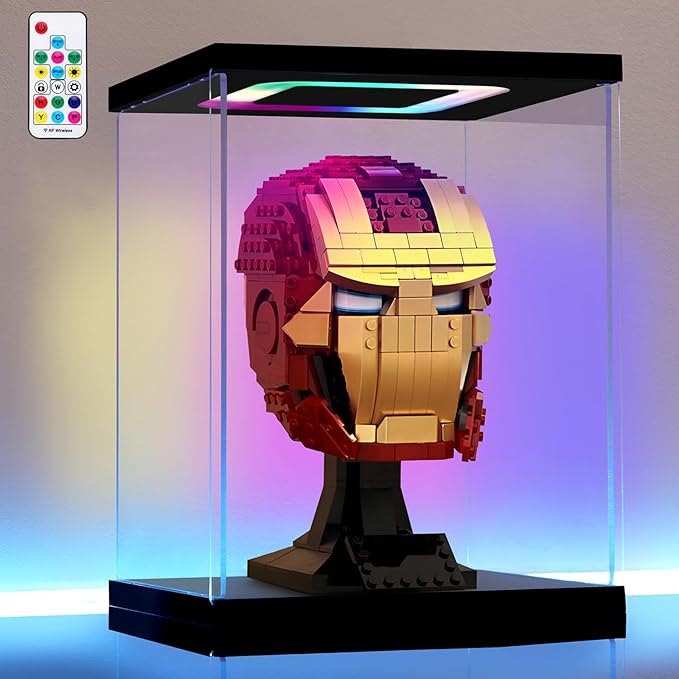 Clear Acrylic Display Case with Light for Lego Helmet, Multiple Color Lights Dustproof Protection Display Box for Collectibles Action Figures（7×7×9inch）