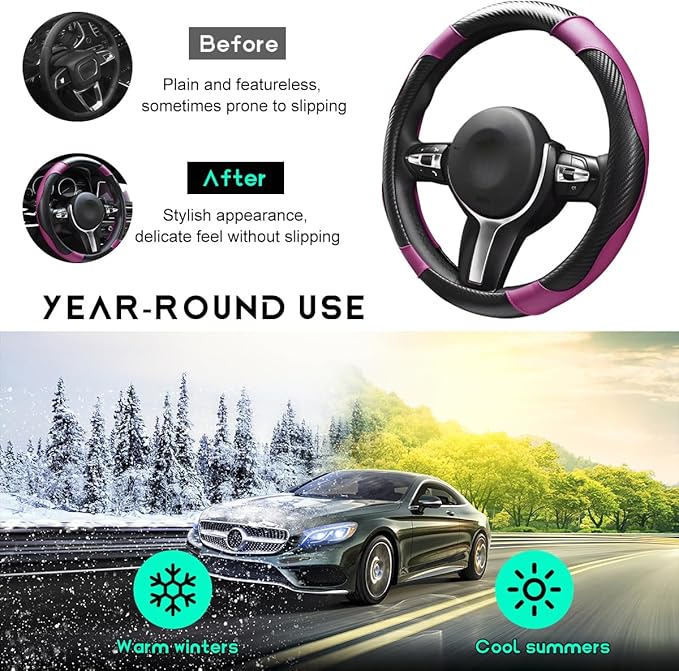 Car Steering Wheel Cover, 15 inch Carbon Fiber Microfiber Leather Elastic Steering Wheel Protector, Breathable Anti-Slip Comfortable Steering Wheel Covers for Most Cars (Black&Purple)