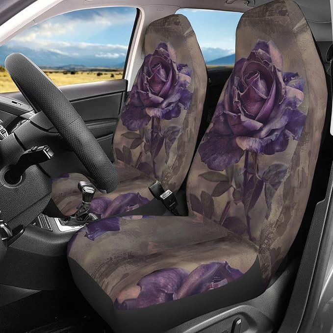 Delerain Car Seat Covers Set 2Pcs, Purple Rose Vintage Universal Front Car Seats Vehicle Enterior Protector Suitable Fits Most Car Auto SUV Sedan Truck