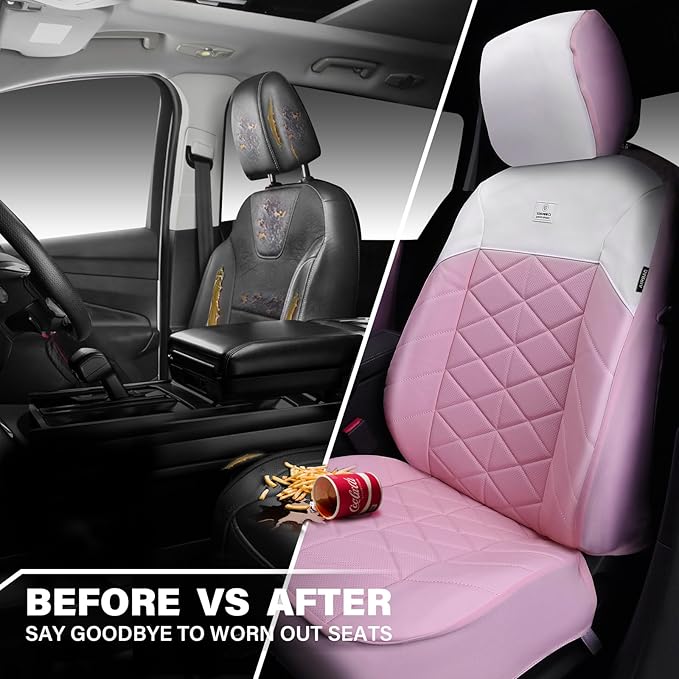 CAR PASS Nappa Leather Waterproof Car Seat Covers Two Front, 3D Foam Comfortable Automotive Seat Covers with Rhombic Design, Airbag Compatible Universal Fit for Most SUV Truck Sedan, Pink White