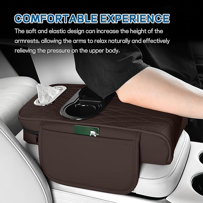 wuyaoyao Car Center Console Armrest Pillow, 13.78"×7.48"×2.56" Leather Arm Rest Cover for Cars, Memory Foam Auto Armrest Cushion Pad with Pocket, Cup Holder & Tissue Box, Car Accessories (Coffee)