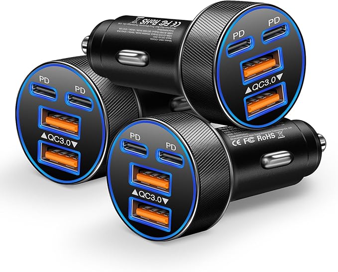 USB C Car Charger, Multi Port 90W Super Fast Charging Cigarette Lighter Adapter, 4-in-1 Dual USB-C & USB-A Car Phone Power Adapter for iPhone 17/16/15/Pro Max, iPad, Samsung Galaxy S25 (Black, 3-Pack)