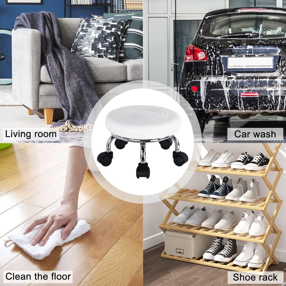 Modern PU Leather Low Round Rolling Stool - 360 Swivel with Universal Caster Wheels, Small Stool for Home Office, Garage, Shop, Fitness, Sport - H:8.4' White