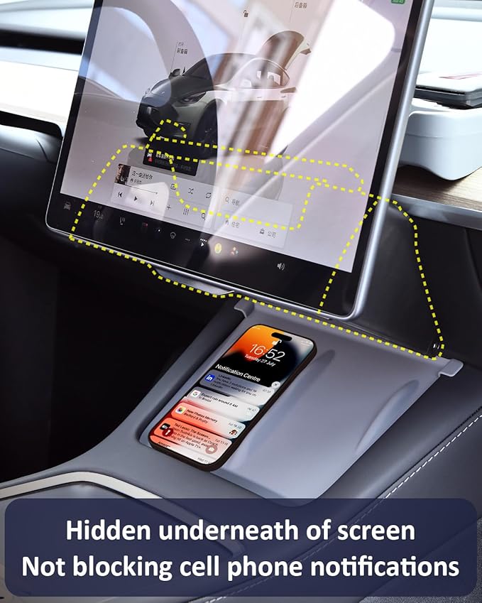 Hidden Under Screen Storage for Tesla Model Y 2020-2026 Juniper Interior Accessories, Model 3 Highland Center Console Organizer with Push-Latch & Dampers, Smooth Opening, Rattle-Free, 2 Black Mats