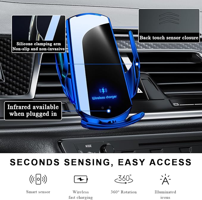 Wireless Car Charger, 15W Fast Charging Air Vent Mount Auto-Clamping Phone Holder, Automotive Electric Induction Charger 360° Rotating Magnetic Vent Mount Bracket for Smartphones (Blue)