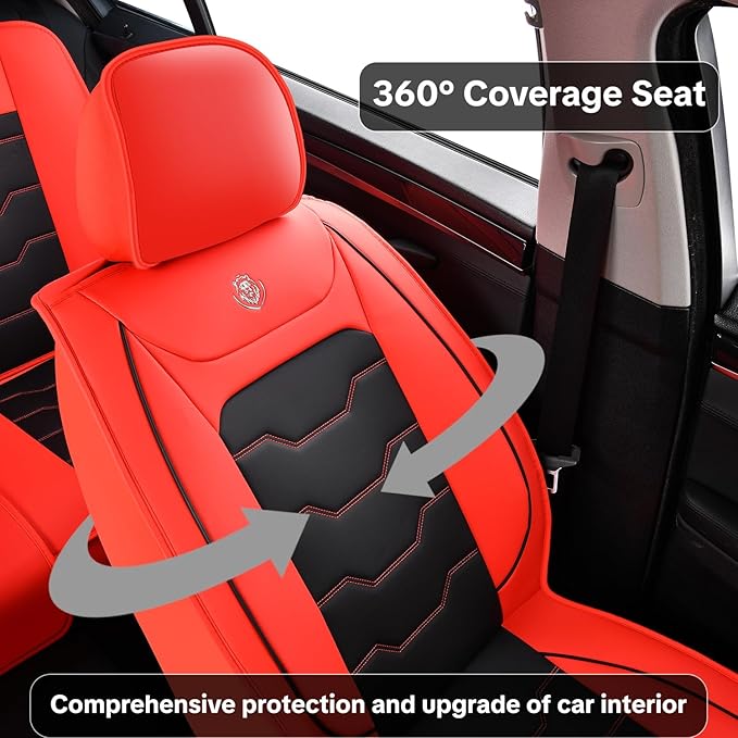 Car Seat Cover Set, Red and Black Seat Covers, Automotive Interior Accessories, Waterproof Synthetic Leather, Protect and Upgrade Your Car Interior, Fits Most Vehicles, Airbag Compatible