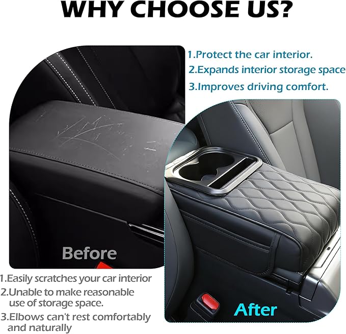Upgraded Heightening Cup Holder Car Center Console Cover, Leather Car Armrest Cover Cushion with 2 Storage Bags,Car Armrest Storage Box Interior Accessories for Most Vehicles (Black)