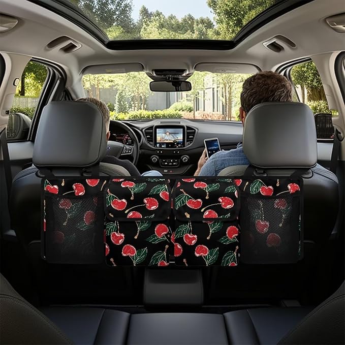 Cherry Car Trunk Organizers, 37.1" x 11.8" Backseat Hanging Organizer with 4 Storage Bag, Waterproof Car Organizer with Adjustable Strap, Car Interior Accessories