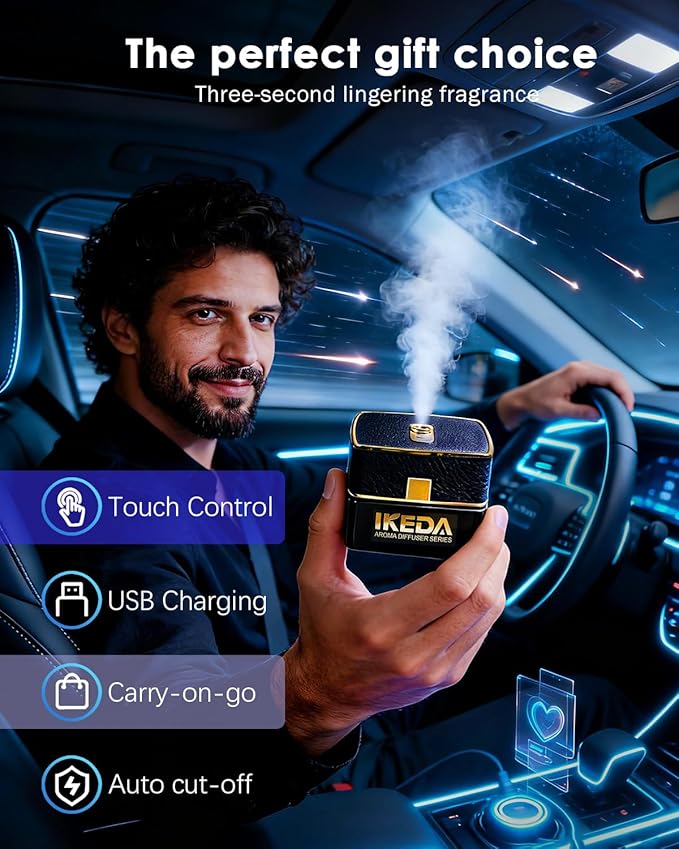 Smart Car Air Fresheners | Luxury Car Aroma Diffuser | with 120ml Long Lasting Perfume | Auto On/Off Car Diffuser | Mini Cube Diffuser for Car, Home by Ikeda (Black)