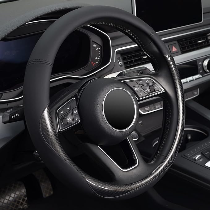 KAFEEK Carbon Fiber Steering Wheel Cover, Universal 15 inch Black,Anti-Slip, Odorless