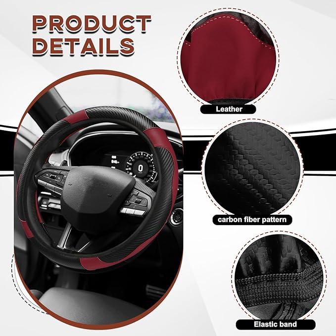 15" Car Steering Wheel Cover, Carbon Fiber Leather Stitching Elastic Steering Wheel Protector, Anti-Slip/Breathable/Durable/Soft, Interior Accessories for Most Cars (Carbon Fiber Black +Wine Red)