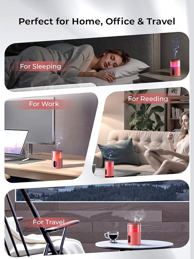 Waterless Essential Oil Diffuser: 9 Colors LED Scent Diffuser for Home&Car&Office - Portable Diffuser with 48H Battery, 4 Timers & 3 Mist Levels, Bright Red