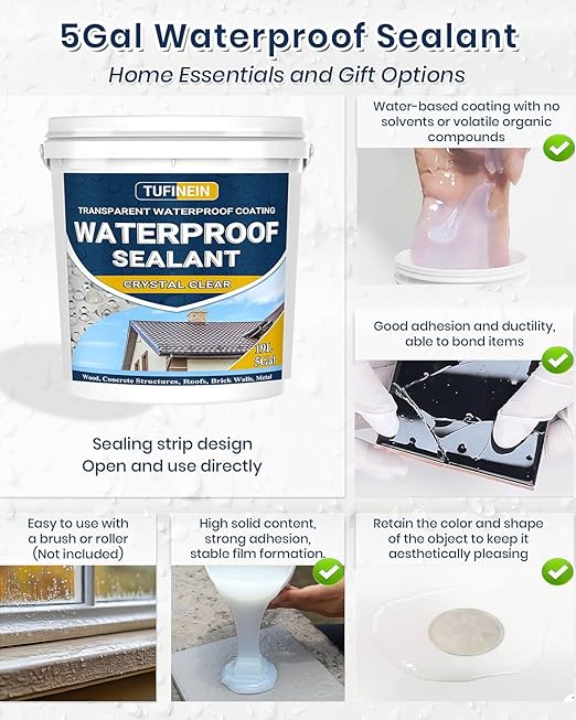Waterproof Sealant 5 Gallon Clear, TUFINEIN Transparent Waterproof Coating Water-Based Invisible Agent Roofs, Walls, Garden, Terraces Indoor & Outdoor