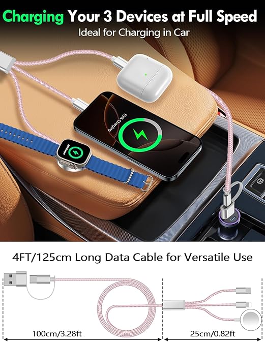 Travel Essentials for Apple Watch Charger,iPhone Charger,3 in 2 Type C/L/Magnetic Fast Charging Cable,Multi Charging Cable Portable Designed for iWatch Series,iPhone 17-11,Galaxy S26-S21,Car-4FT