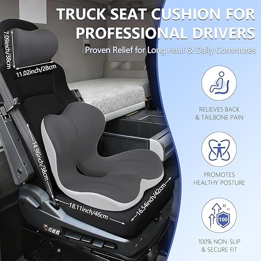 Truck Seat Cushion and Headrest 2-in-1 Set for Truck Driver, Lumbar Support Car Cushions for Long Haul Driving, Memory Foam for Semi Truck & Big Rig, Ergonomic Relief for Back & Sciatic Pain