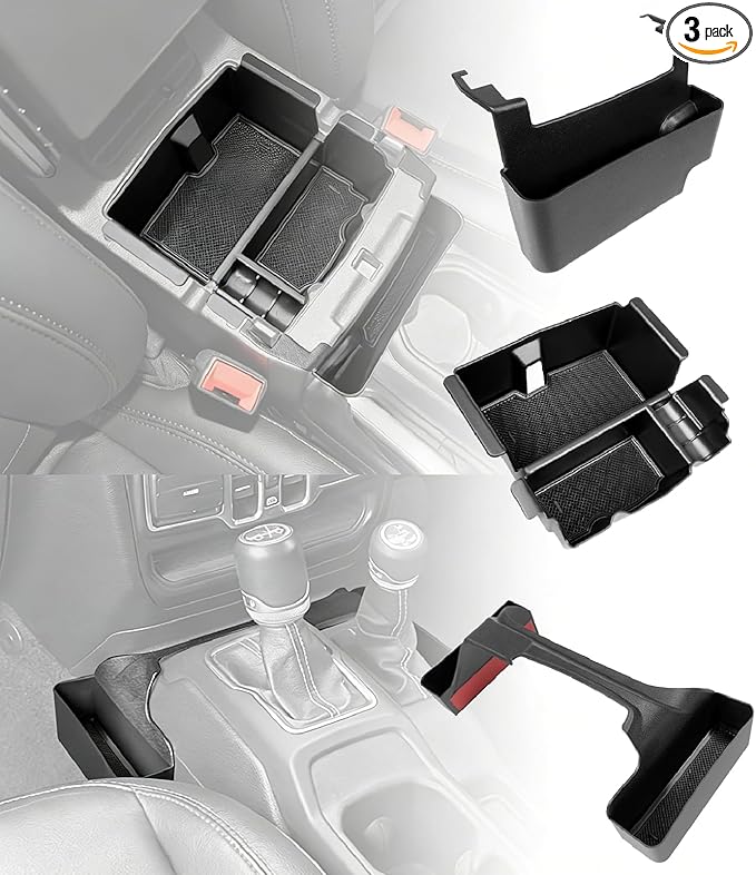 3PCS Center Console Organizer Combo Kit Compatible with 2018-2026 Jeep Wangler JL JLU 4xe Rubicon Sahara & Gladiator JT Accessories, Insert/Hanging Armrest Storage Box & Gear Shift Side Tray