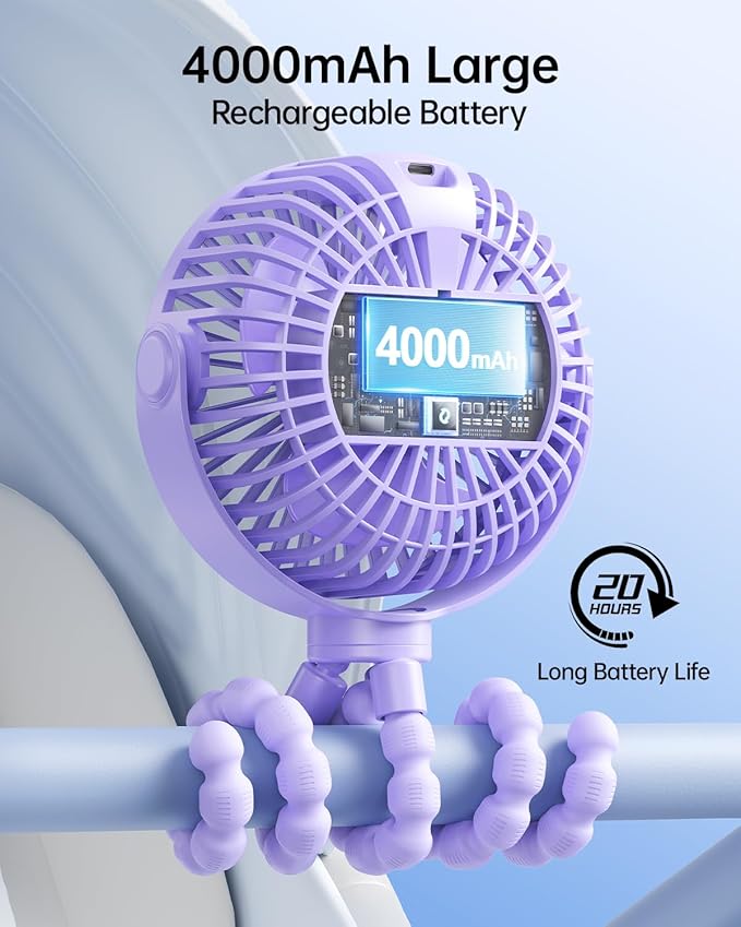 SWEETFULL Portable Stroller Fan with LED Display, 4 Speed Rechargeable Mini Clip On Fan, 360° Rotate Flexible Tripod Better Cooling Small Baby Fan for Car Seat Crib Travel Bike Treadmill (Purple)