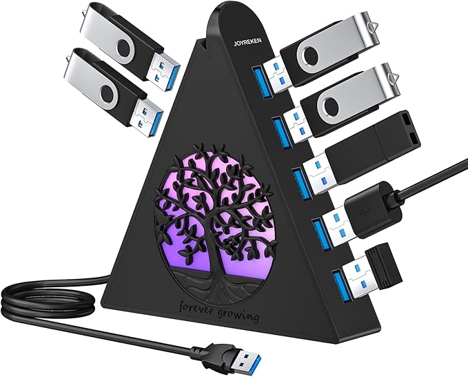 7-Port USB 3.0 Hub, Vertical USB Hub Splitter with RGB Lighting, 5Gbps High-Speed Data Transfer and 2FT Extension Cable, Compatible with Laptop, PC, Desktop, MacBook, PS5, Xbox, Flash Drive