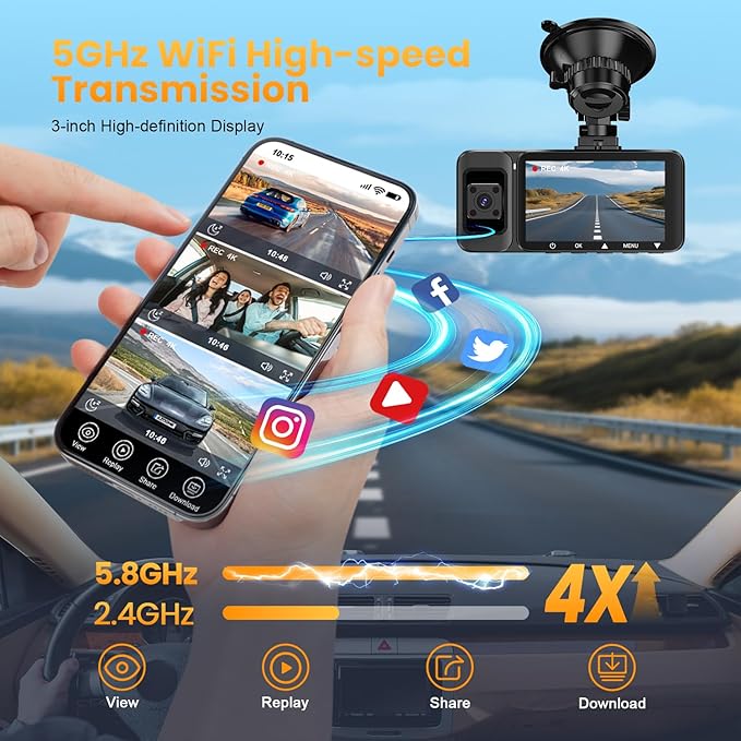 4K Dash Cam Front and Rear Inside, 3 Channel Dash Camera for Cars with 64GB Card, 5G WiFi, Infrared Night Vision, 24H Parking Mode, 360° Wide Angle Wireless Dashcam for Uber/Taxi