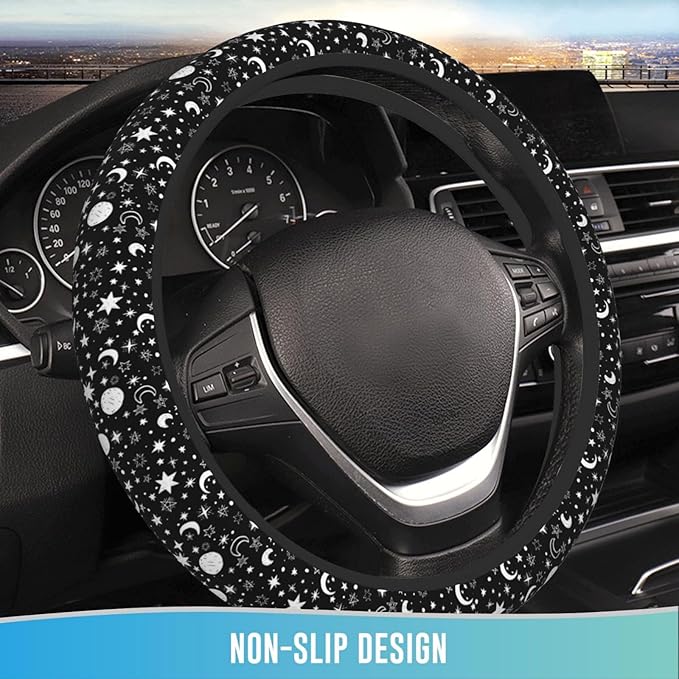 Elastic Steering Wheel Cover Car Accessories Cute Universal 15 Inch Absorbing Sweat Non-Slip Breathable for Man Woman - Moon and Star
