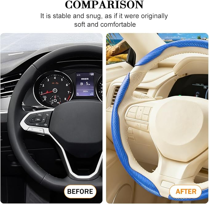 3PCS Carbon Fiber Car Steering Wheel Cover, Leather Segmented Anti-Skid Steering Wheel Protector, Snap on Automotive Interior Protection Accessories, Universal for Vehicles (Blue)