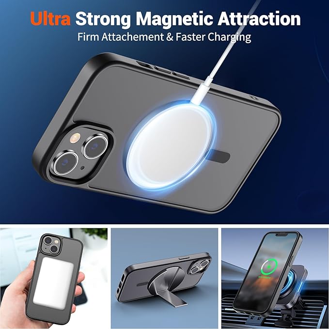 SUPFINE Magnetic for iPhone 15 Case (Compatible with MagSafe) (Military Grade Drop Protection) Translucent Matte Shockproof Phone Cover, Black