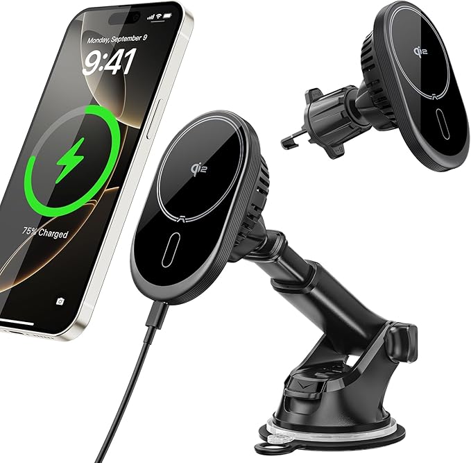 A2C for MagSafe Car Mount Charger, QI2 15W Wireless Car Charger with Dual Cooling Tech, Magnetic Car Charger for iPhone 17 16 15 14 13 12, Dash+Windshield+Vent Mount, PD 30W Adaptor Included
