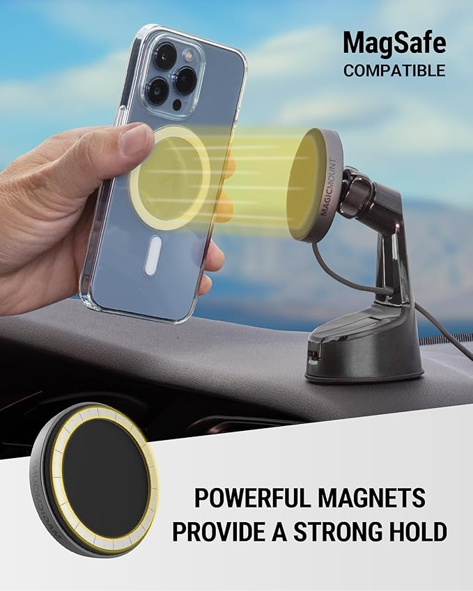 Scosche MagicMount Charge Pro Qi2 Fast Wireless Charging MagSafe Car Mount Charger, 15W Magnetic Cell Phone Holder for Car Dashboard/Windshield Compatible with iPhone 16/15/14/13/12 Pro Max Plus, S25