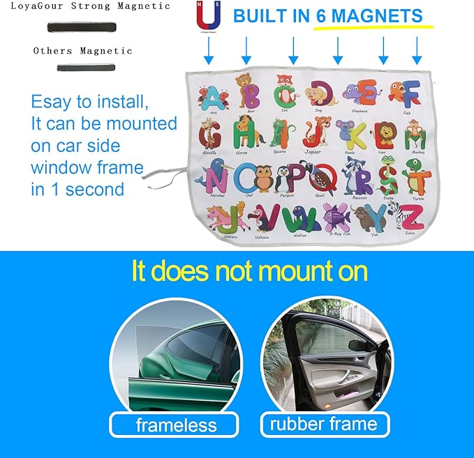 Car Window Shades for Side Windows Baby and Kids,Car Back Window Sun Shade Covers,Strong Magnetic Sunshades Curtains for Truck,27.5" x 19.5" (Animal Alphabet)