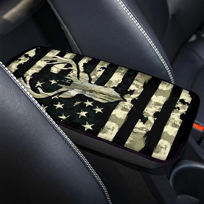 Green Camo Hunting Deer Flag Print Center Console Cover for Men Car Armrest Cover Pad for SUV Sedan Truck,Easy to Install