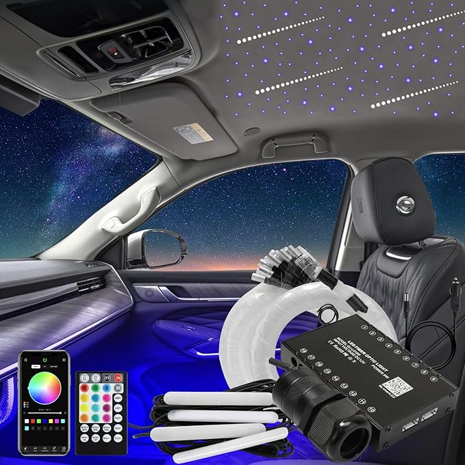 AKEPO 6W APP Meteor RGBW Fiber Optic 3in1 Lights Kit with Under Dash Car Interior Light, Shooting Star Effect+Music Sync Activated+450pcs 9.8ft/3m Fiber Optical Strands+28key RF Remote Control