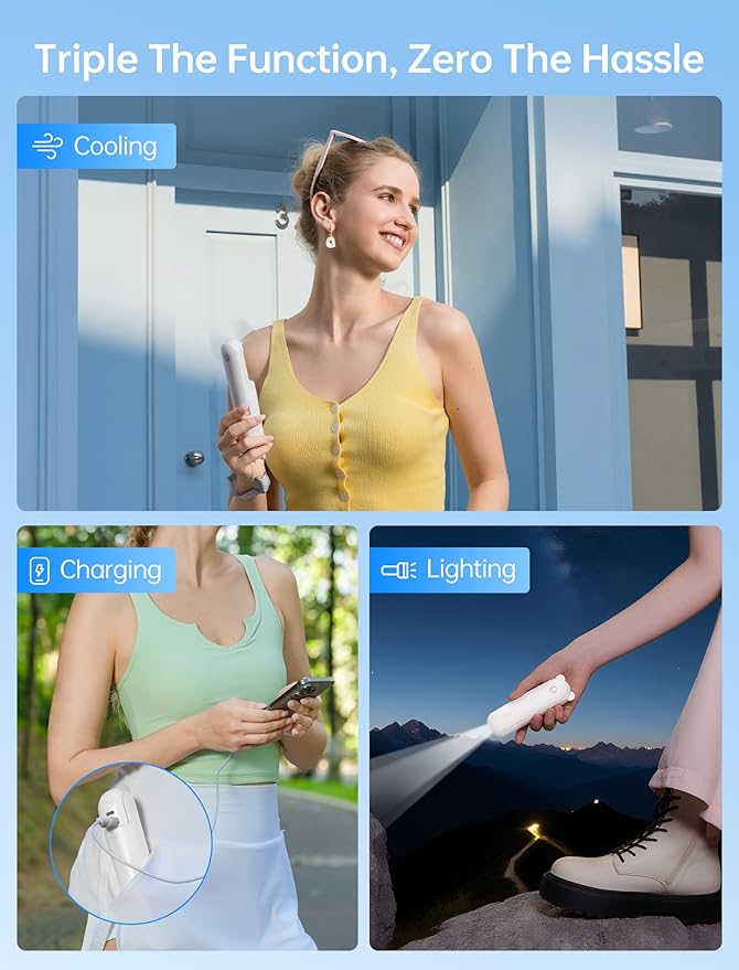 JISULIFE 3 IN 1 Handheld Mini Fan - Portable Fan & Power Bank & Flashlight, 19H Max Cooling, USB Rechargeable, Pocket-Sized for Travel, Cruise, Concerts, Makeup, 2026 Summer Gifts for Women(White)