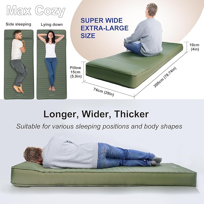 Origem Self Inflating Sleeping Pad with Electric Pump, 4" Ultra-Thick Memory Foam Camping Mattress, Foam Campinging Mat for Tent, Camping,Traveling and Car, Easy to Inflate and Deflate (Green)