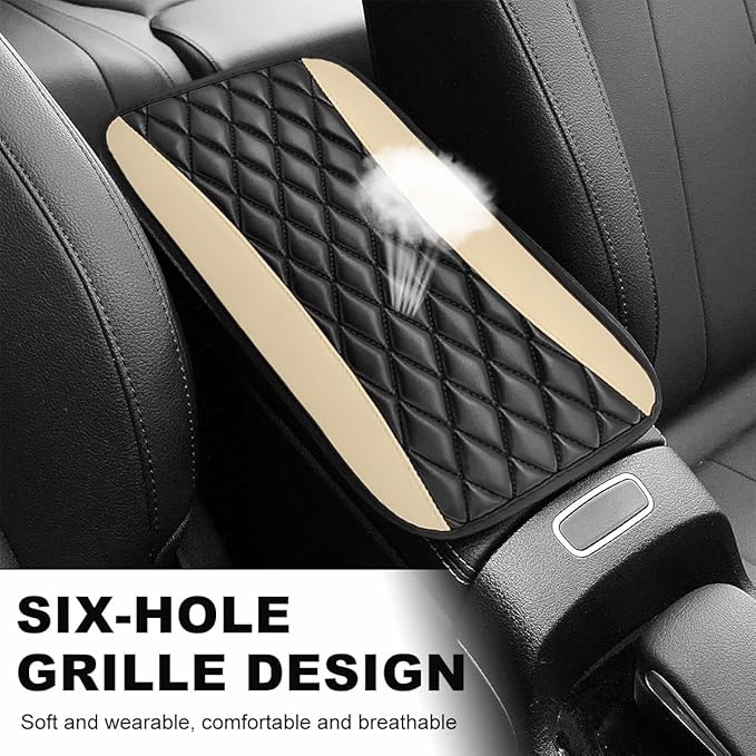 Car Center Console Cushion Pad, 12.6 × 7.48 Inches Waterproof Car Armrest Seat Box Cover, PU Leather Armrest Cover Protector for Most Vehicle, Universal Car Interior Accessories (Black+Beige)