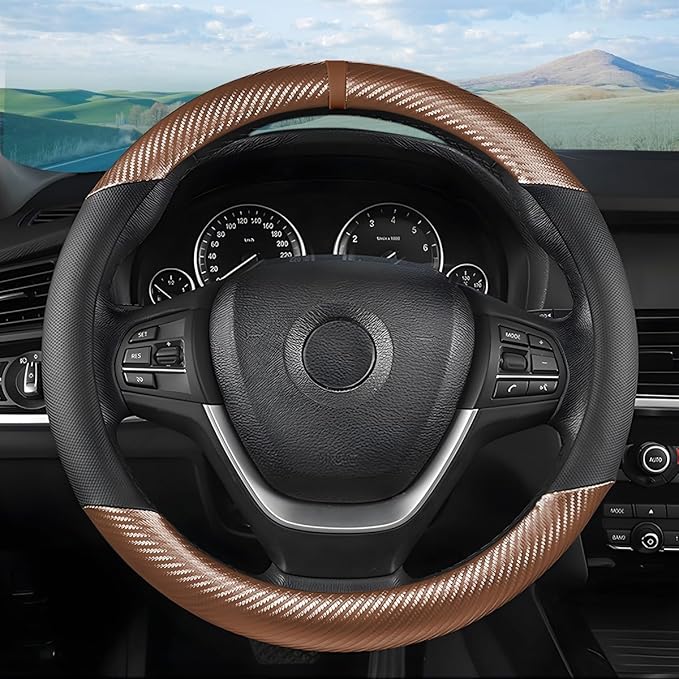 Moly Magnolia Carbon Fiber Steering Wheel Cover, Universal 15 inch Breathable Anti Slip, Fit Most Cars, Trucks, SUV (Carbon Fiber Coffee)