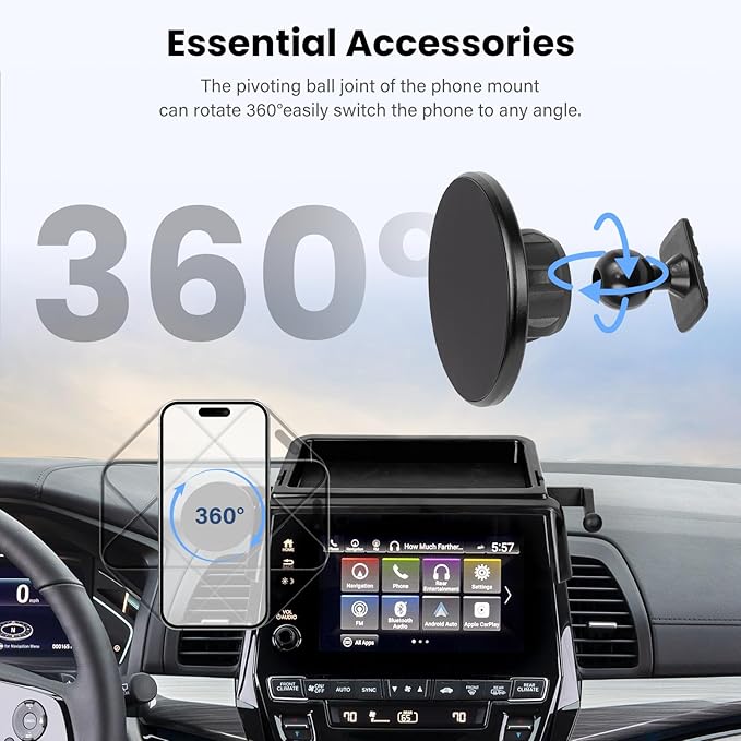 Magnetic Car Phone Holder W/Center Console Organizer-Compatible with Honda Odyssey 2018-2024 Accessories Screen Fixed Clip,360°Rotation Phones mount Stand Compatible with MagSafe,(Not Fit 5 inch )