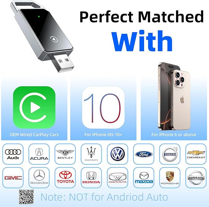 Wireless Carplay Adapter for iPhone, Converts Wired to Wireless Bluetooth, Plug and Play&No Delay, Mini Carplay with USB & USB C, Compatible with iPhone 6 or above/iOS10+ & Cars from 2016, Dark Gray