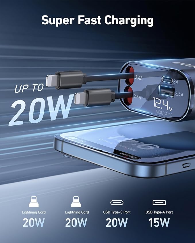 iPhone Car Charger 4 in 1 Fast USB Car Phone Charger 20W Double Lightning Retractable Cables 31.5 Inch and 2 USB Ports Car Charger Adapter for iPhone 17/16/15/14/13/12 Pro Max/XR/XS,Samsung,Pixel,iPad