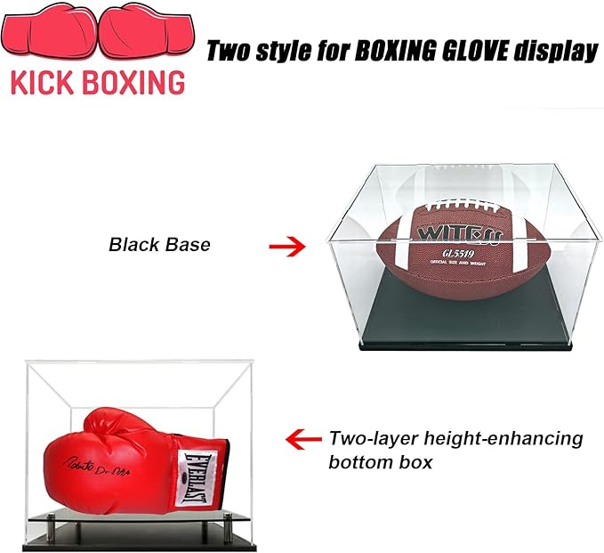 Clear Boxing Glove Display Case,Self-Assembly Acrylic Baseball Glove Display case for Full Size,Football Glove Display Case Holder Showcase.Baseball Mitt Ball Display Case with Black Base Riser Stand