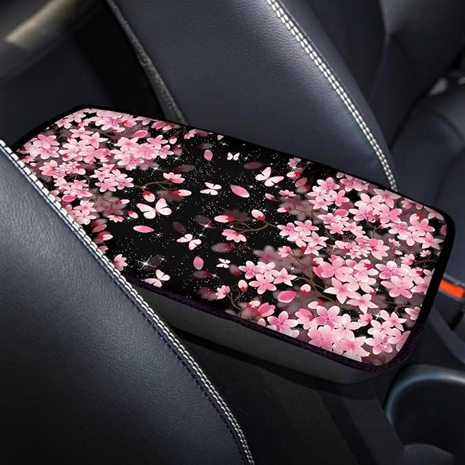 Cute Cherry Blossom Auto Armrest Box Cover Car Armrest Storage Box Mat Center Console Armrest Soft Pad Fits for Most Vehicle,SUV,Truck