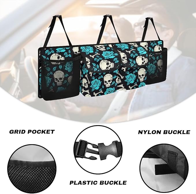 Skull Rose Pattern Car Trunk Organizer and Storage, Backseat Hanging Organizer for SUV, Truck, Collapsible Cargo Storage Bag with 4 Pockets, Car Interior Accessories