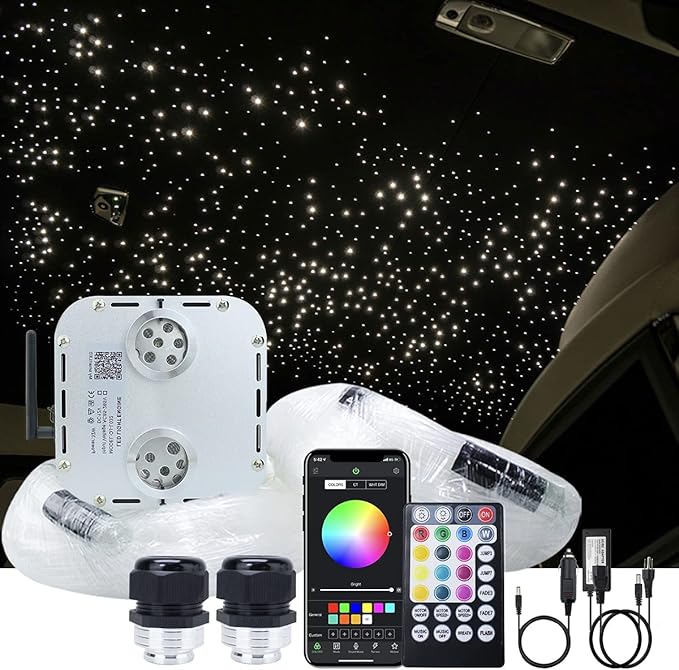 AKEPO 32W RGBW Twinkle+APP+Sound Activated Dual Head Fiber Optic Lights Kit, Star Ceiling Sky Light Total 1110pcs of 16.4ft/5m Mixed Fiber Optic Strands for Home Indoor Decor/Car Headliner Starlight