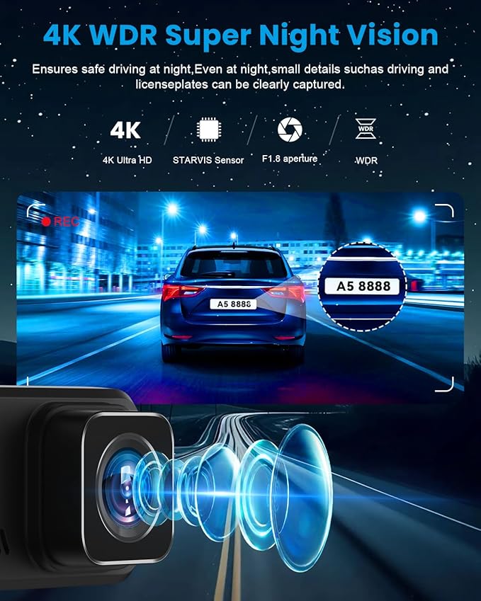 Dash Cam 4K Front, Ultra HD Dash Camera for Cars, 1.97''IPS Screen Mini Car Camera with APP Control, Built-in Wi-Fi & G-Sensor, 24H Parking Mode, Night Vision, WDR, Loop Recording, Support 256GB Max