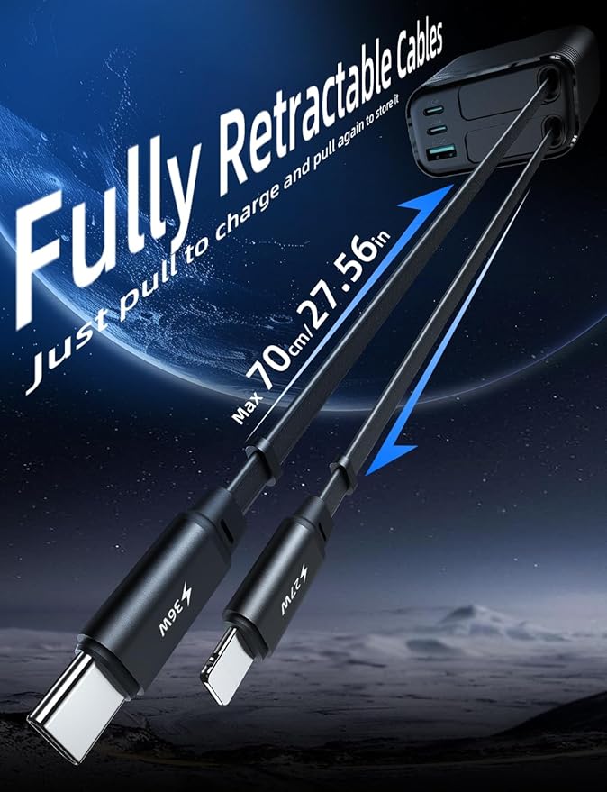 AKESR 5-in-1 Retractable Car Charger for iPhone 17, 66W USB-C Car Adapter A Versatile Gift for Both Men and Women, for iPhone 17/16/15/14/13/12 and Android for Samsung S25 Series.