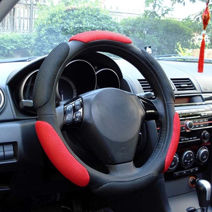 Steering Wheel Cover -Odorless, Cooler Hands in Summer, Warmer Hands in Winter (Black red)