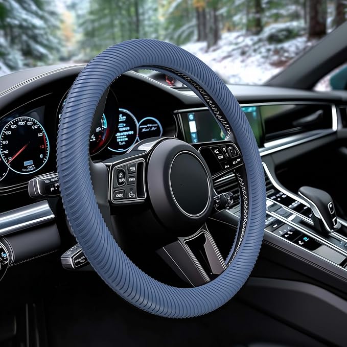WOCOCN Car Steering Wheel Cover, Thin Anti-Skid Silicone Steering Wheel Cover for Men & Women, Universal Automotive Interior Accessories for Most Cars (Dark Blue)