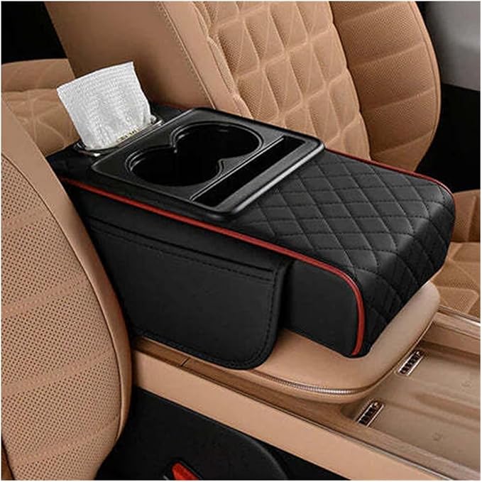 Car Armrest Box Thicken Height Pad Arm Rest Cushion Memory Cotton Elbow Universal Auto Interior Storage Tissue Organizer(Black Red)