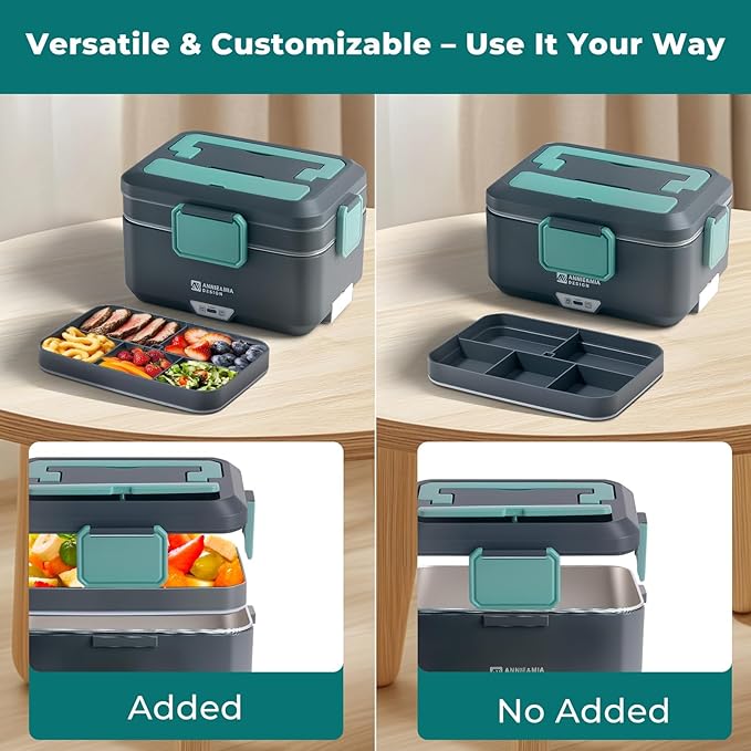 Annie & Mia Design Electric Lunch Box for Adults, 100w 3.5L 2-Layer Portable Food Warmer, Dual Mode 2.5L + 1L Heated Lunch Box for Adults, Home/Car/Office/Truck Use, Lonchera Eléctrica Portátil