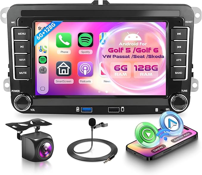 8 Core 6G+128G Android Car Stereo for VW Golf MK5 MK6 Passat Jetta Tiguan T5 EOS Polo with Wireless CarPlay Android Auto, 7” Touchscreen Car Radio GPS WiFi SWC Bluetooth 32EQ Backup Camera
