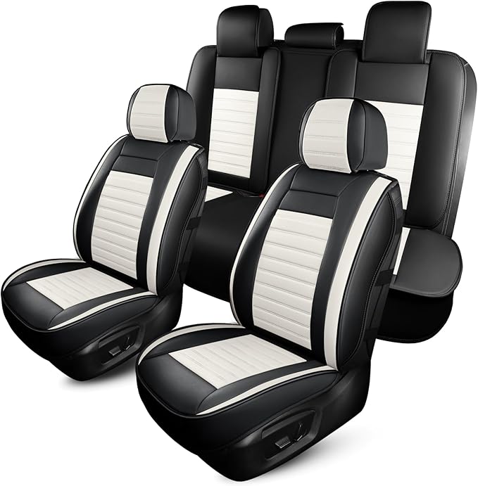 Car Seat Covers Full Set, Breathable Nappa Leather Seat Covers, Horizontal Stripes Automotive Seat Covers, Universal Seat Cushions for Sedan SUV Truck (5 PCS Full Set, Black + Cream)